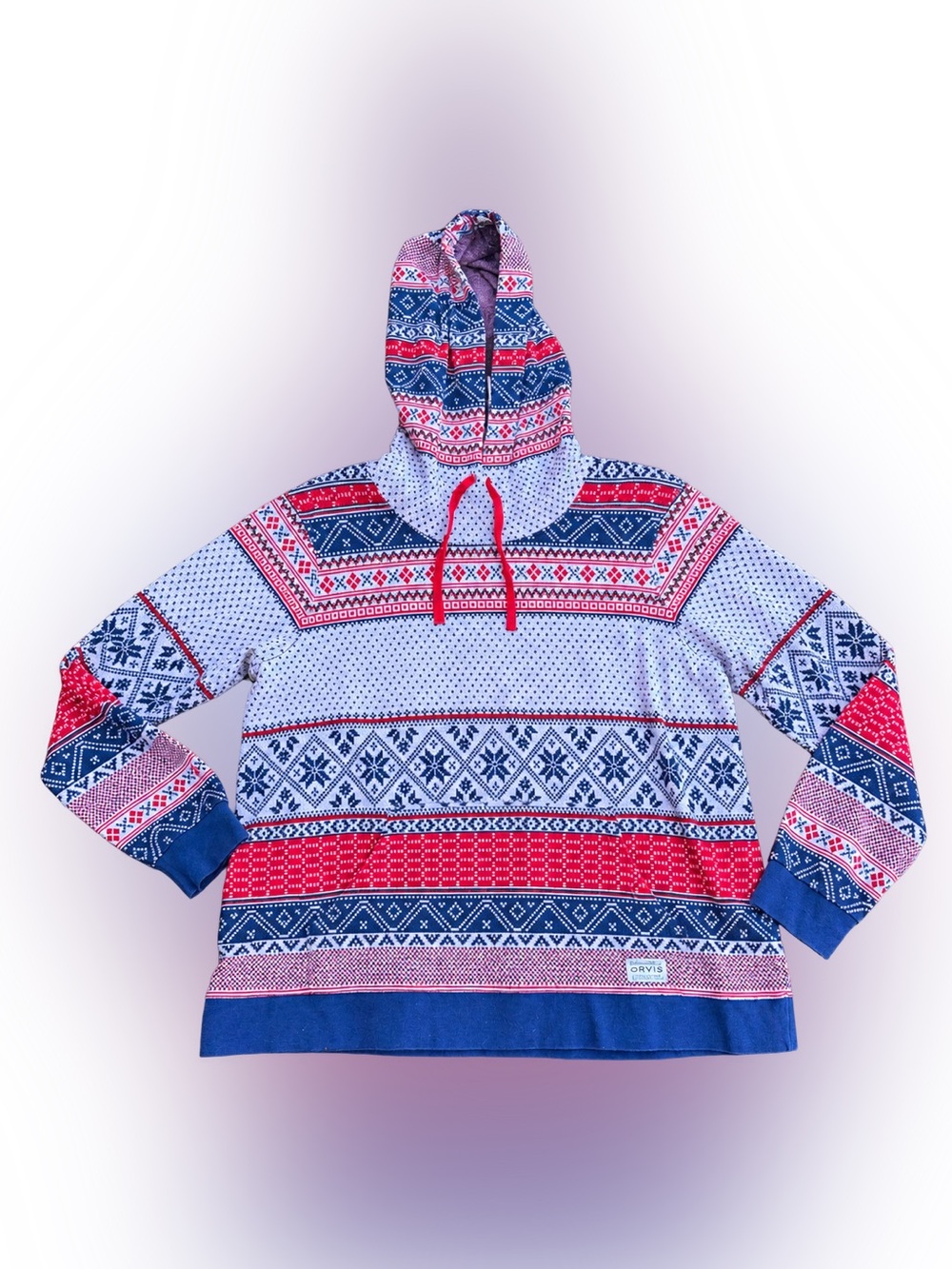 Fair Isle Knit Pullover Hoodie Red White Blue Pattern
